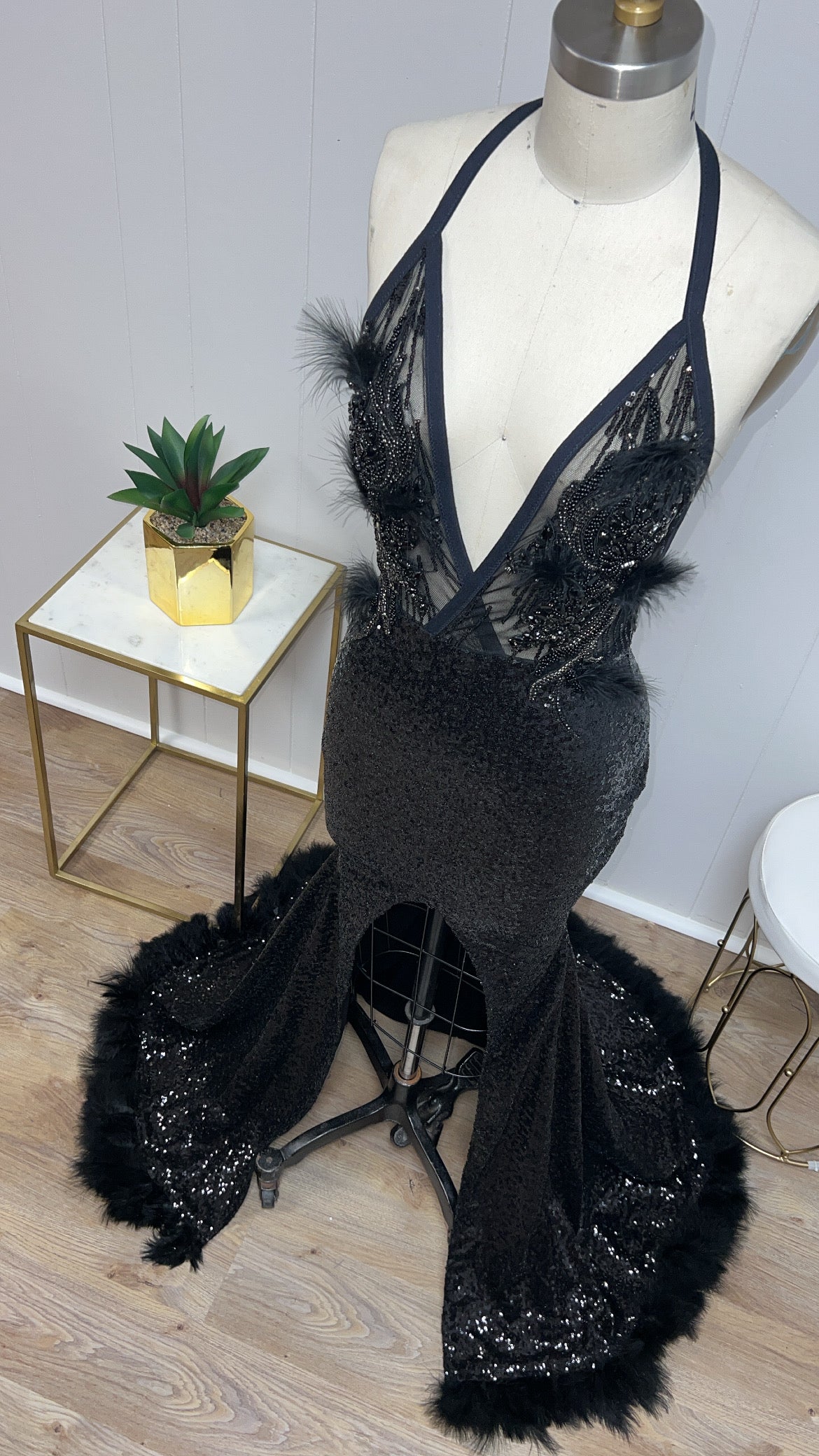 Black Jewel Sequin Feather Gown