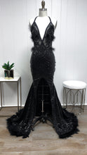 Black Jewel Sequin Feather Gown